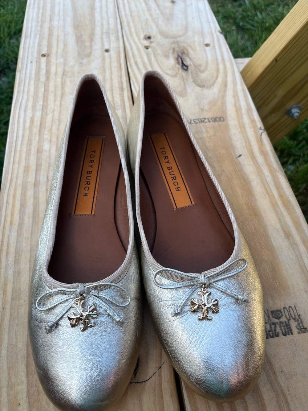 Tory Burch Metallic Gold Leather Ballet Flats with Logo Charm